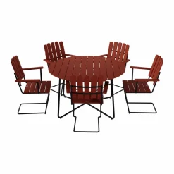 Best Grythyttan Stålmöbler 9A matbord Ø120 cm + 5 A2 fåtölj mörkröd ek-svart stativ
