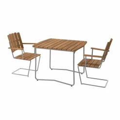 New Grythyttan Stålmöbler B31 bord 92 cm + 2 A2 fåtölj teak-varmförzinkat stativ