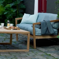 Best Fritz Hansen Virkelyst soffa 2-sits teak Tyg outdoor textile golden yellow stripe