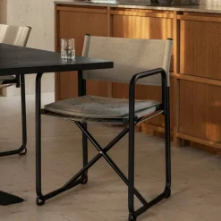 Lammhults X75-2 karmstol Linneväv natur-Elmo Nordic läder Cognac-kromade ben